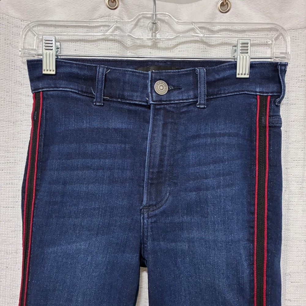Express Women’s Skinny Jeans with Red Stripe - Dark Blue